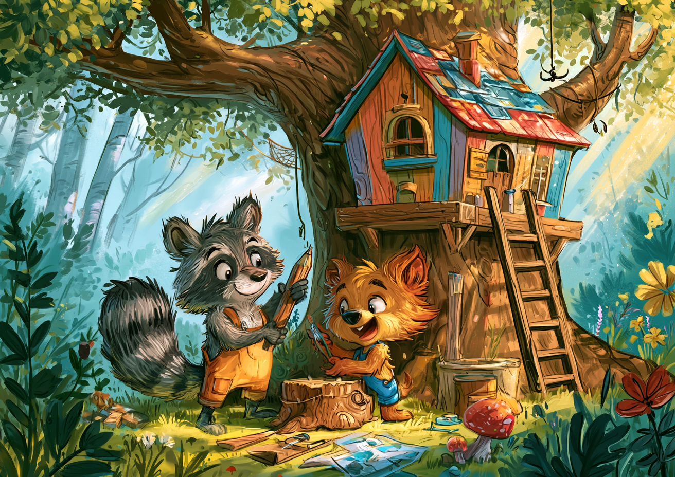 Two cheerful animal friends building a colorful treehouse in a magical garden