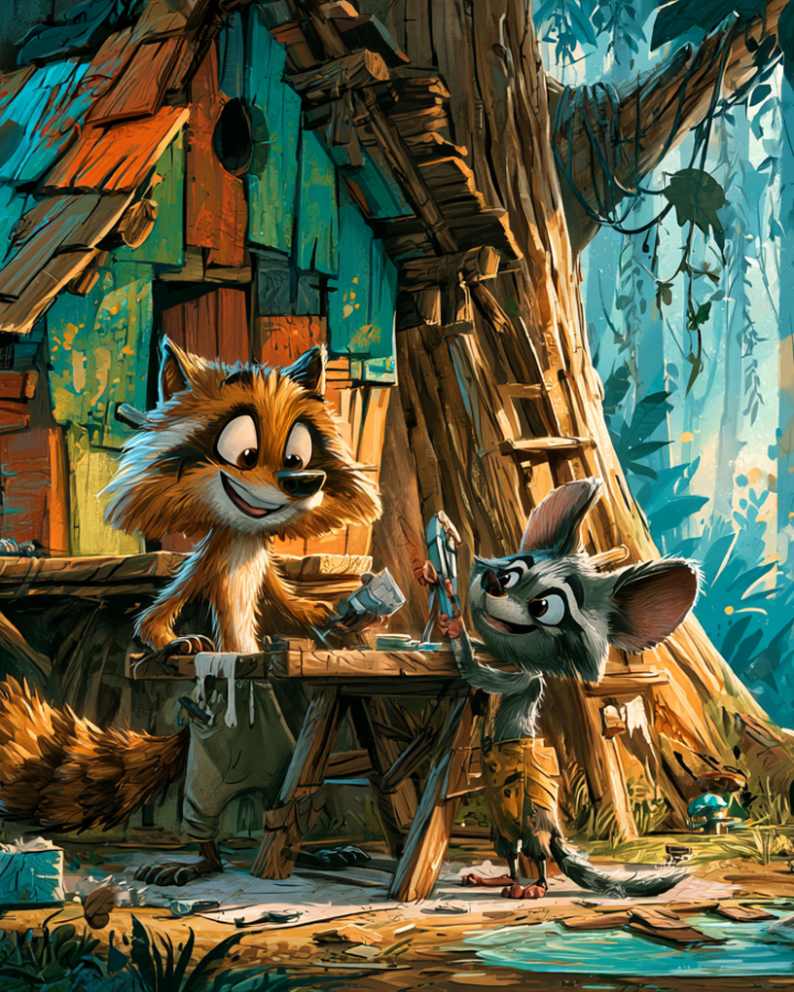 Two cheerful animal friends building a colorful treehouse in a magical garden