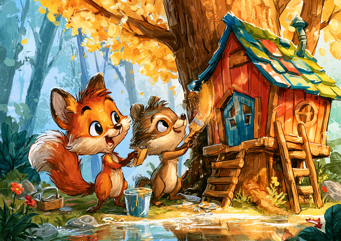 Two cheerful animal friends building a colorful treehouse in a magical garden
