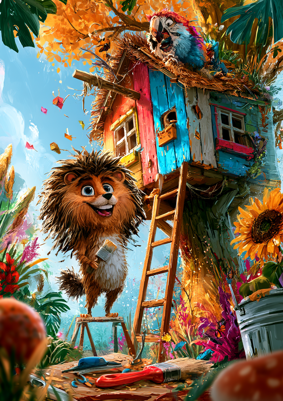 Two cheerful animal friends building a colorful treehouse in a magical garden