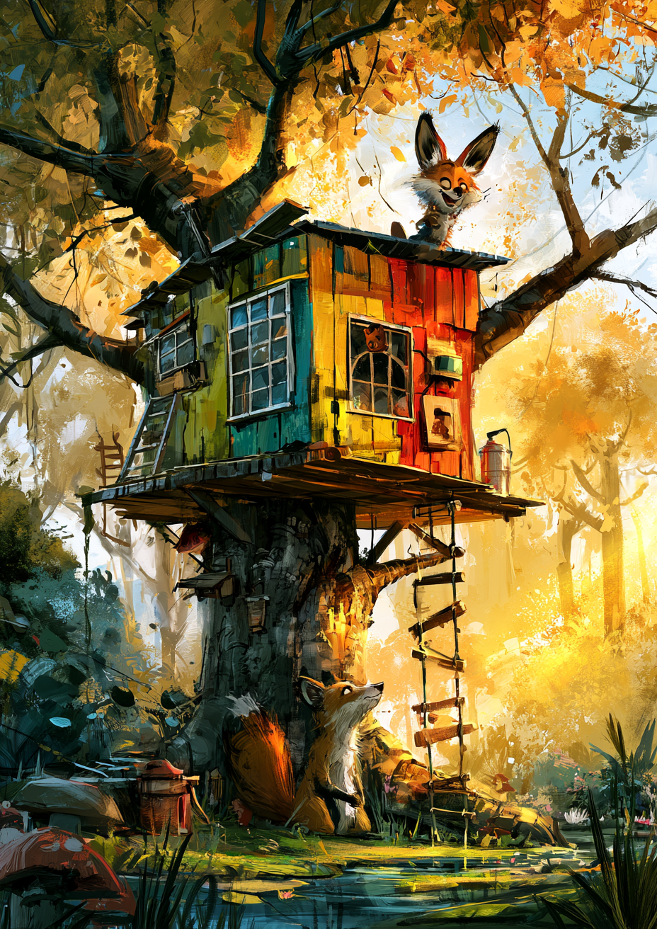 Two cheerful animal friends building a colorful treehouse in a magical garden